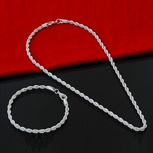 Sterling Silver Rope Chain Unisex Necklace Bracelet Matching Set
